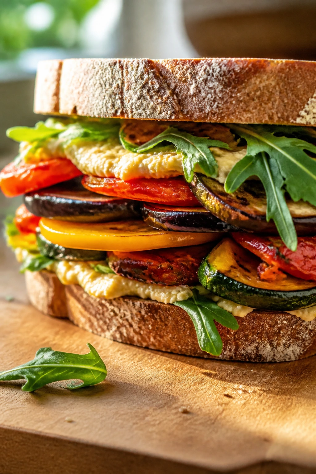 Close-up of a colorful vegetarian sandwich stack with roasted vegetables and greens