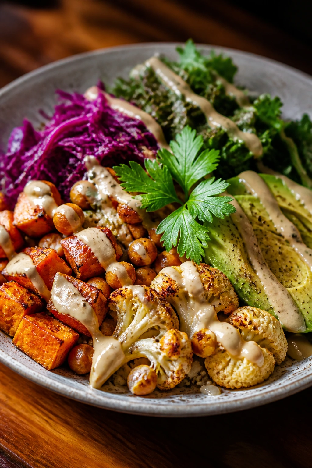 Beautiful plated vegetarian dish with colorful vegetables and grains