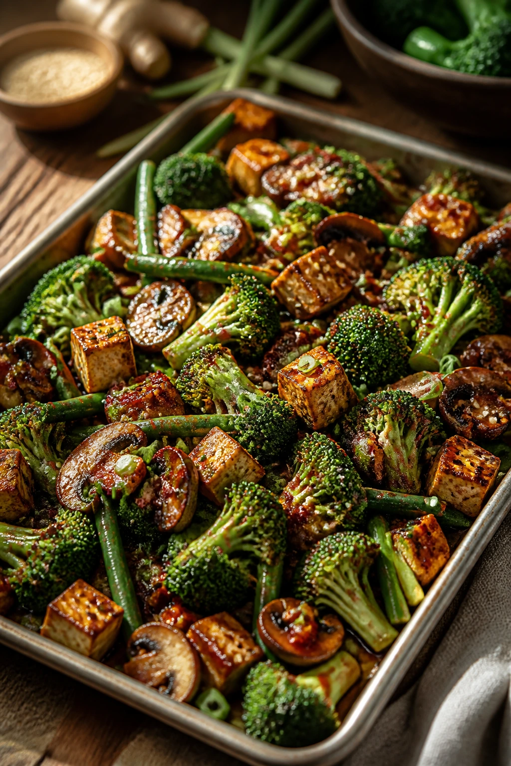 Close-up of a colorful vegetable-first Sichuan tray with broccoli, tofu, and mushrooms