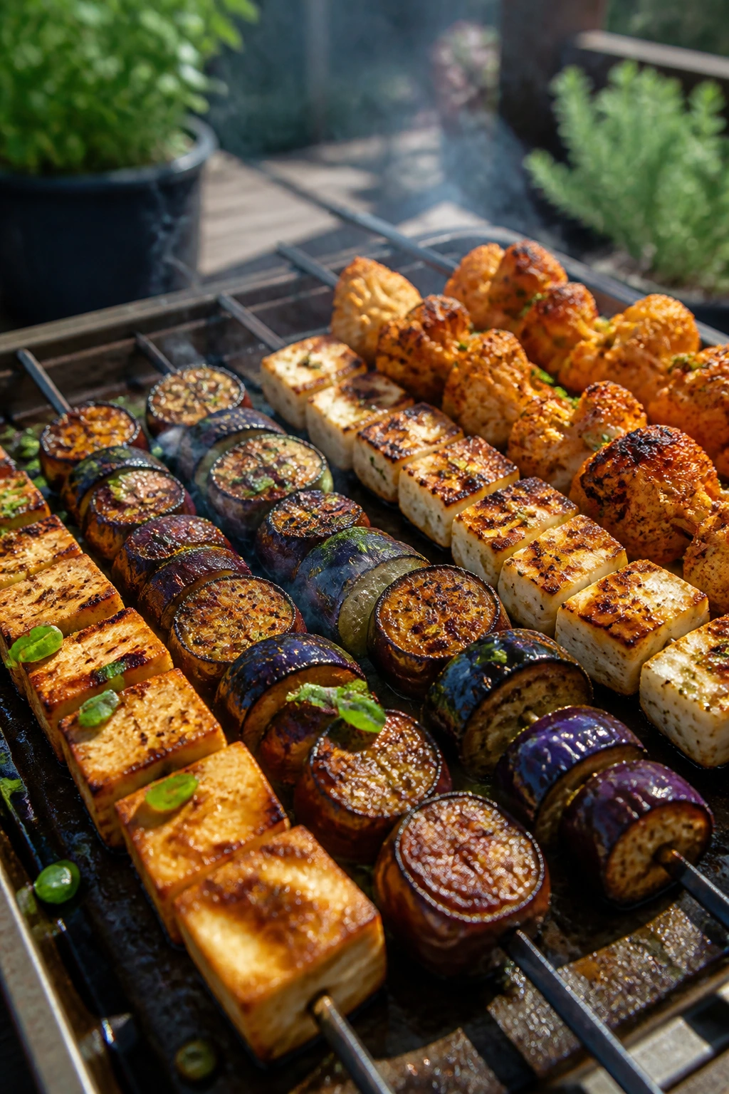 Colorful vegetarian skewers with tofu, halloumi, and vegetables on a grill tray.