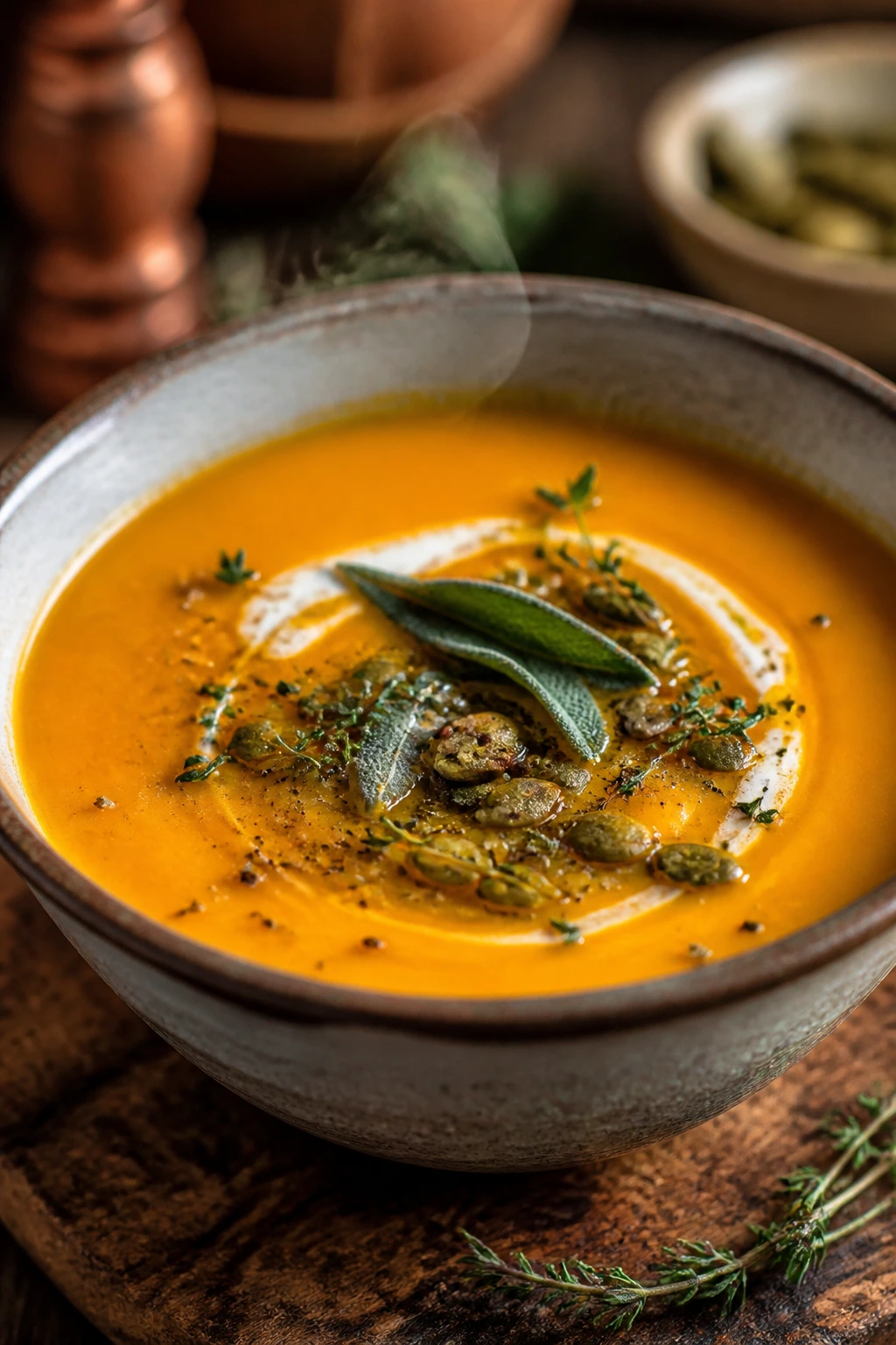 Vegetarian squash soup in a rustic bowl on a wooden table with herb garnish.