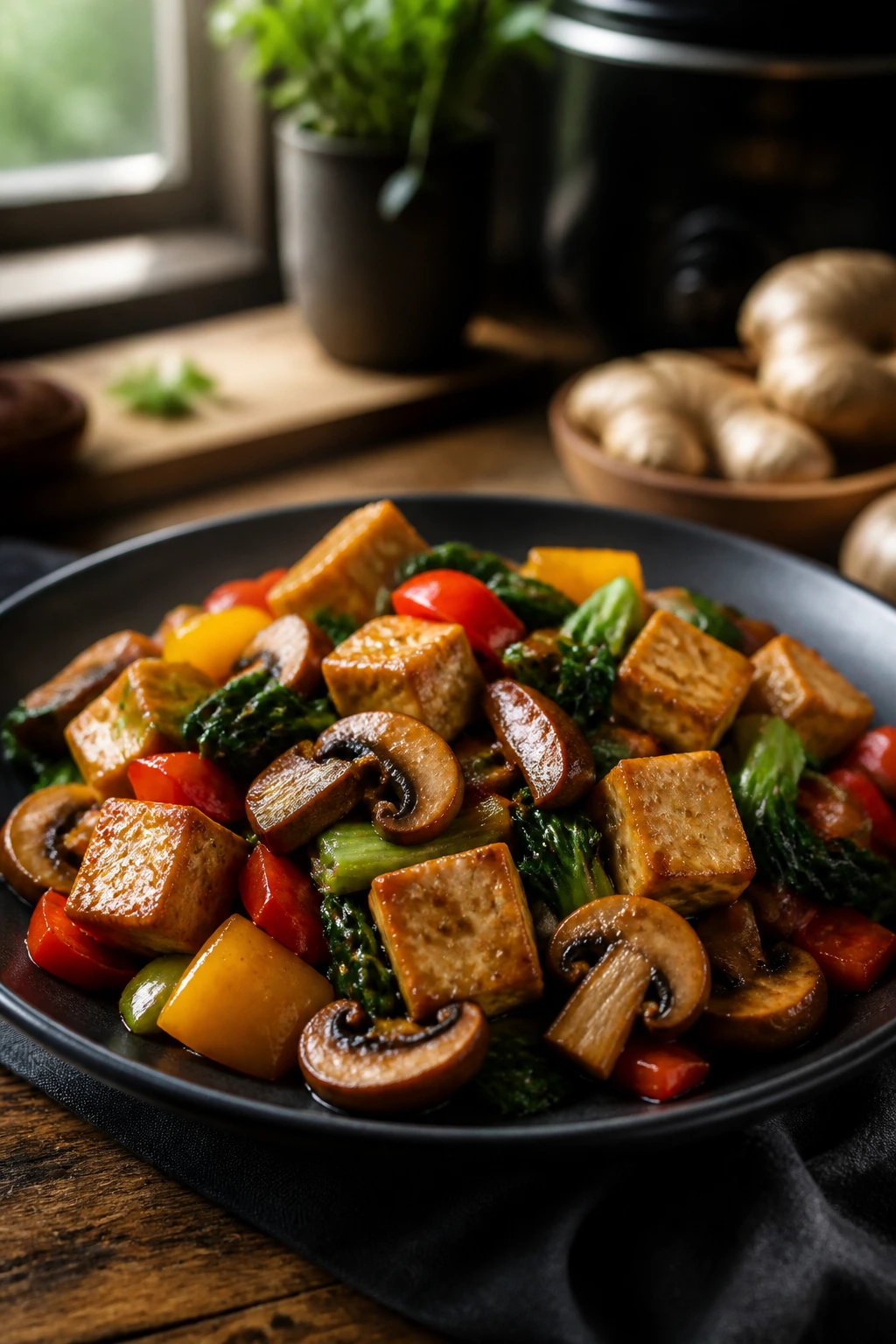 Vegetarian stir-fry with mushrooms and tofu on a plate in kitchen light