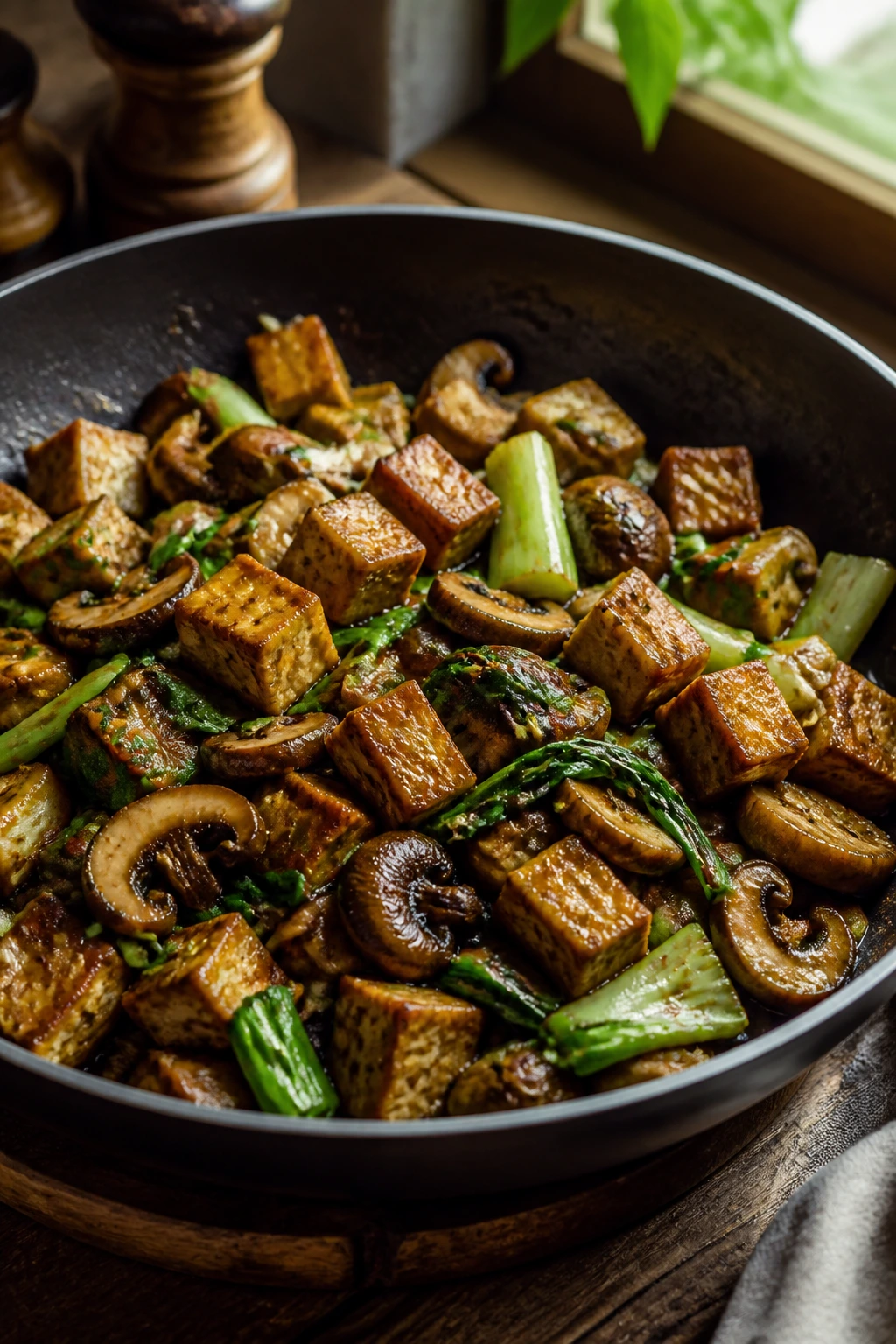 Colorful mushroom and tofu stir-fry in a pan