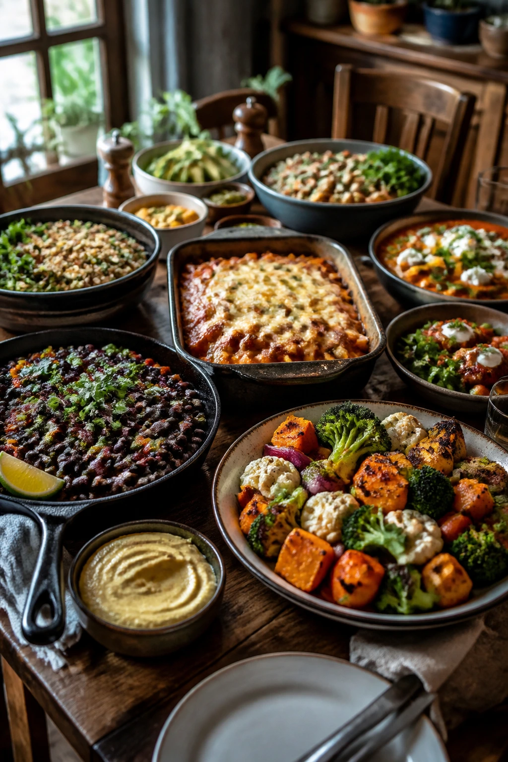 Tabletop scene with a variety of vegetarian dishes for a mixed-table dinner