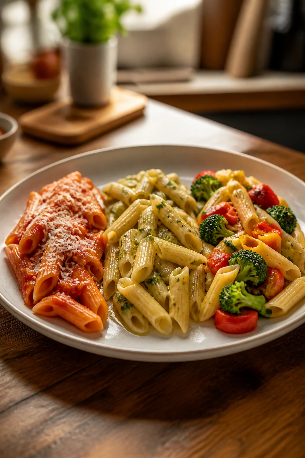 Plate divided into three sections showing vegetarian dinner variations: dairy-free, gluten-free, standard