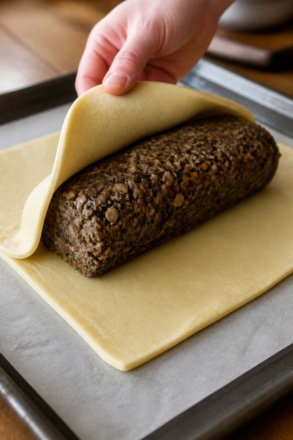 Close-up of a dry, cohesive lentil-mushroom filling log being wrapped in puff pastry on parchment in a kitchen