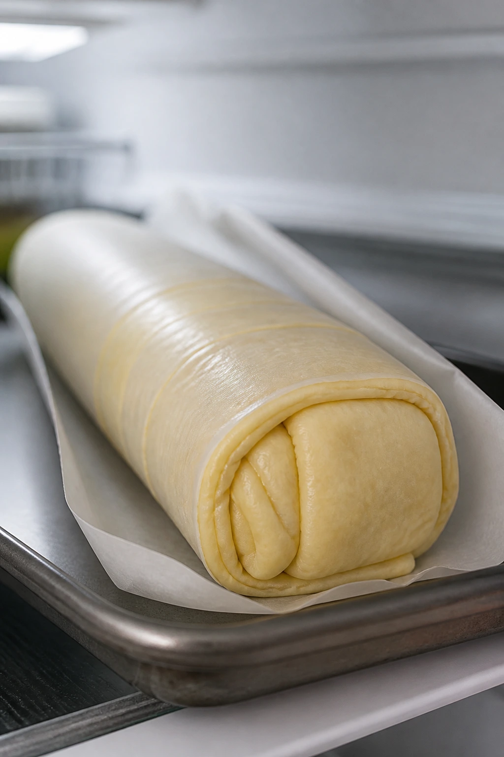 Chilled vegetarian Wellington log on parchment ready for baking