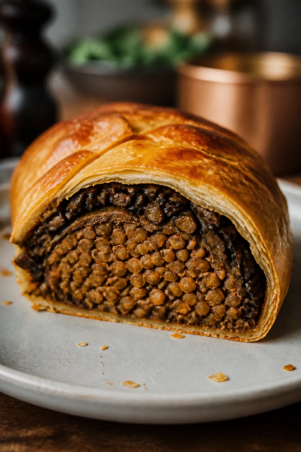 Cross-section of vegetarian Wellington showing lentil core and mushroom duxelles