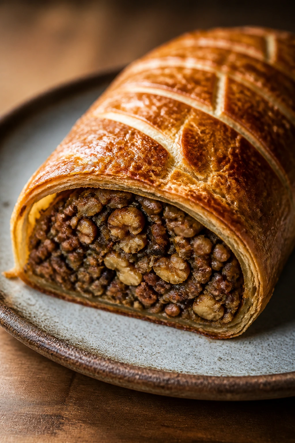 Close-up of a crisp golden vegetarian Wellington showing lentil-walnut filling on a rustic plate