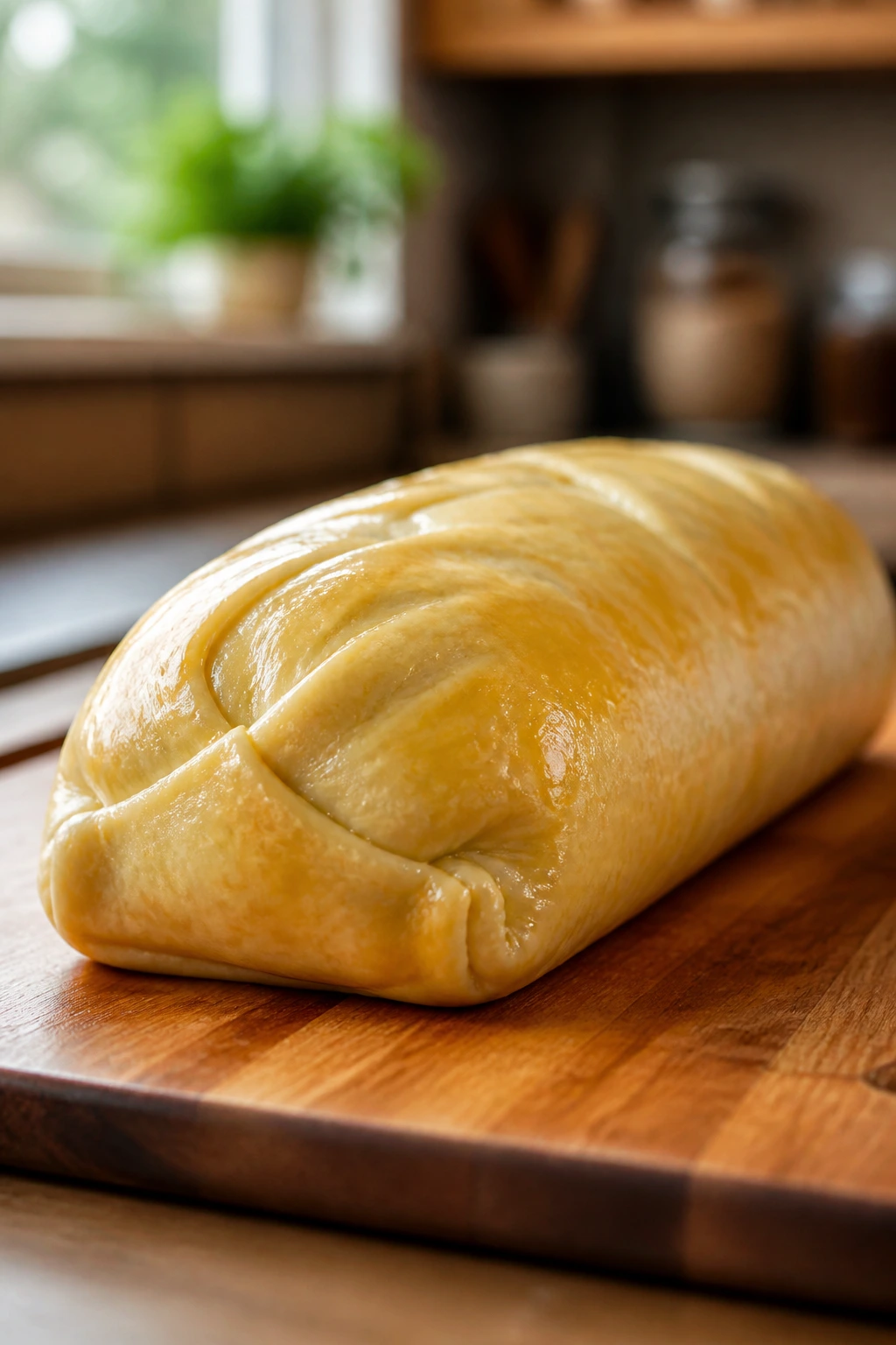 Vegetarian Wellington on a cutting board with visible pastry seam