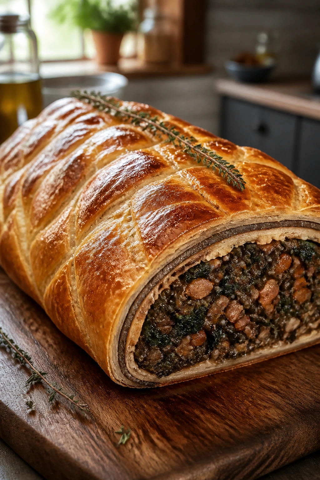 Whole vegetarian Wellington on a cutting board in a warm kitchen.