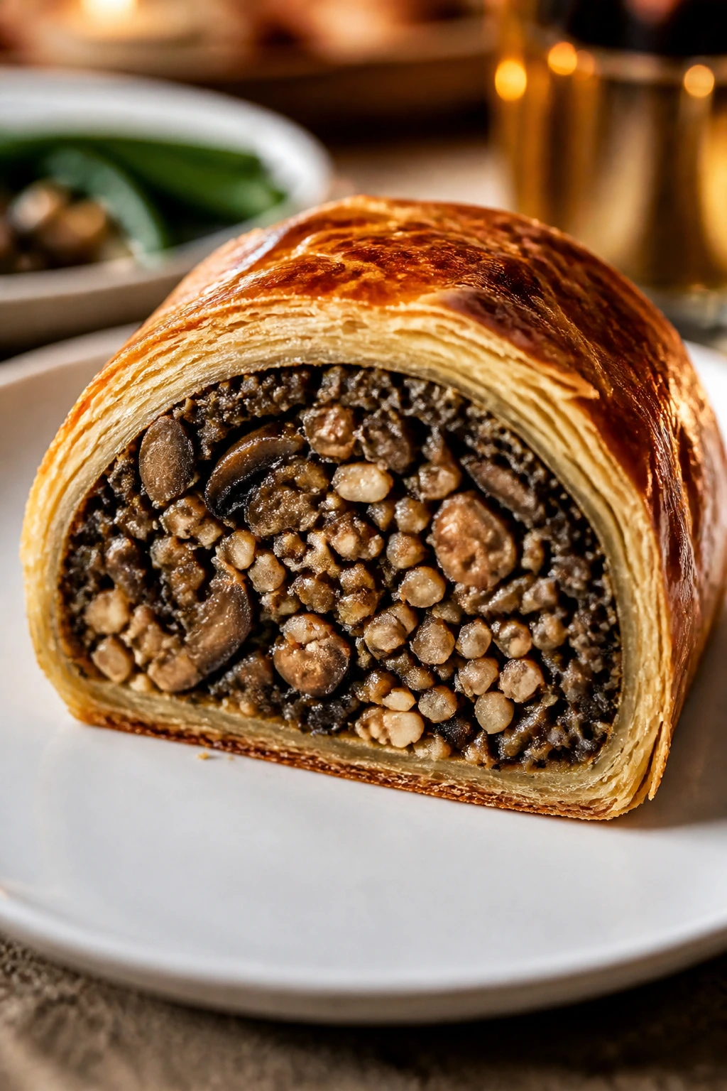 Close-up slice of vegetarian Wellington on a plate, showing crust and layered filling.