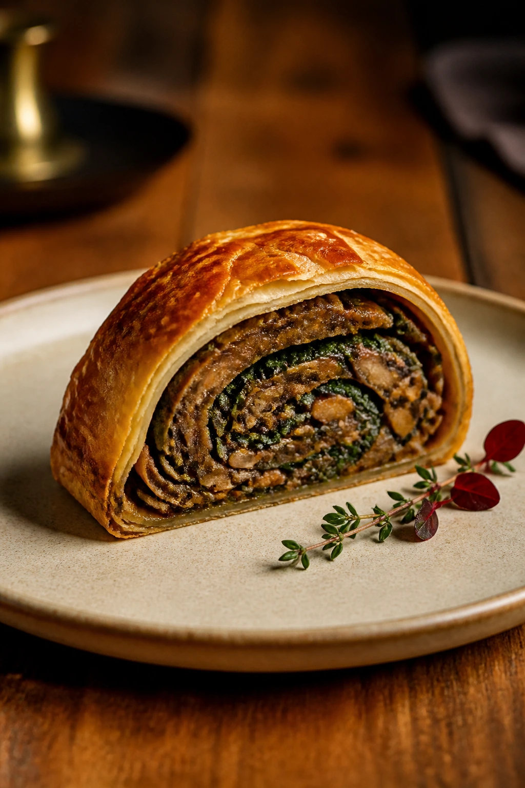 Neat slice of vegetarian Wellington on plate with sauce, showcasing pastry spiral