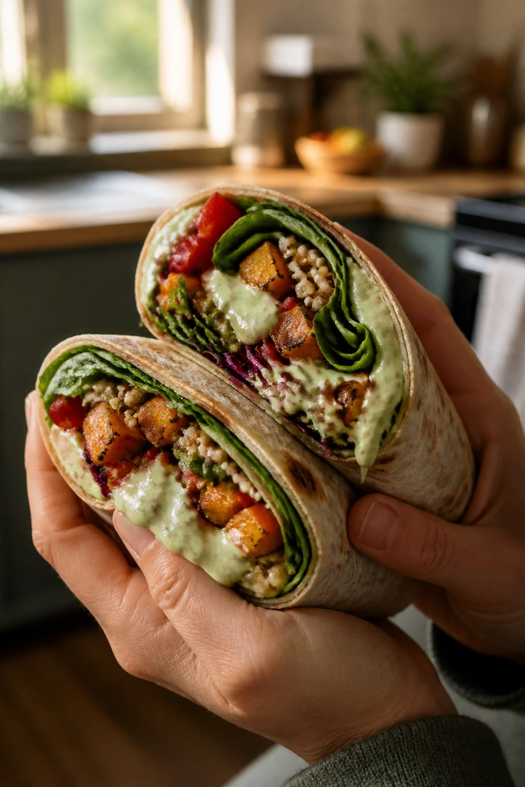 Close-up of a vegetarian wrap being held, showing colorful filling