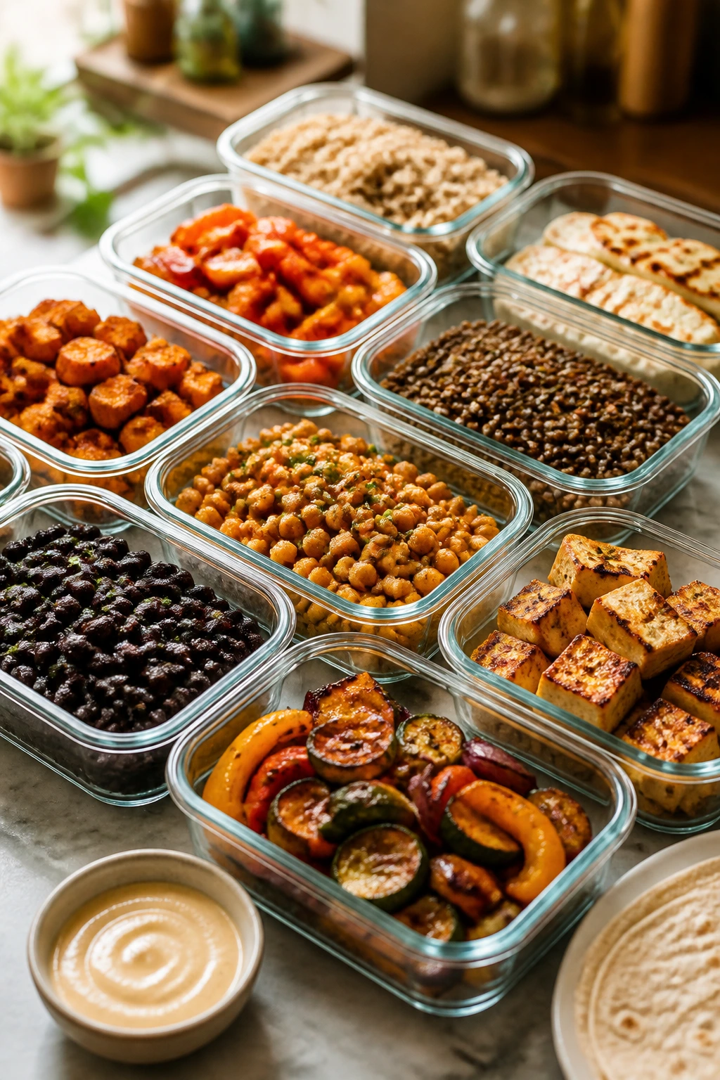 Assorted glass containers with prepped vegetables, beans, and grains on a kitchen counter