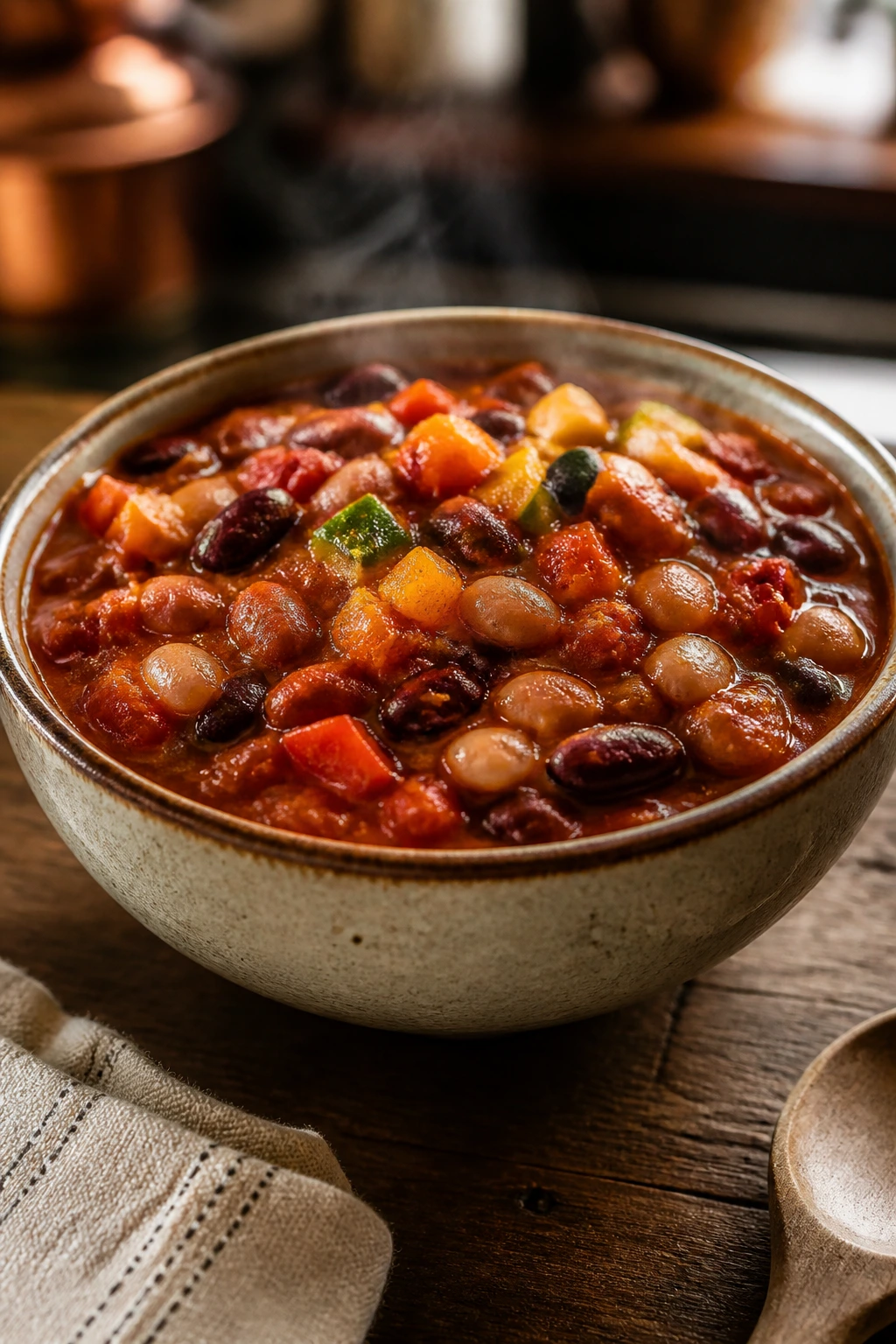 Hearthy veggie bean chili in a rustic bowl