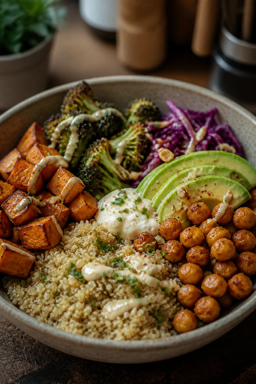 Close-up of a single veggie bowl with distinct grains, vegetables, and dressing