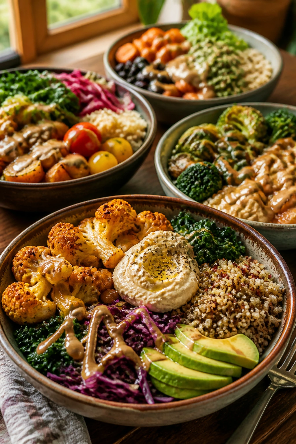 Close-up of vibrant veggie bowls on a wooden table, showcasing grains, roasted vegetables, and creamy dressings