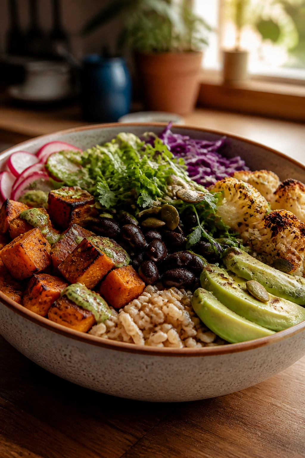 Close-up of a veggie bowl with repeating ingredient layers