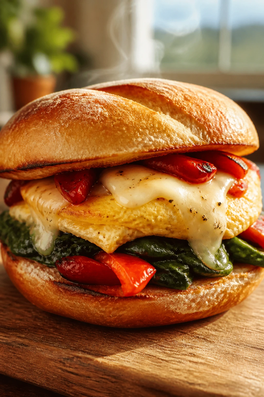 Breakfast veggie sandwich with spinach, eggs, and pepper jack on toasted bread