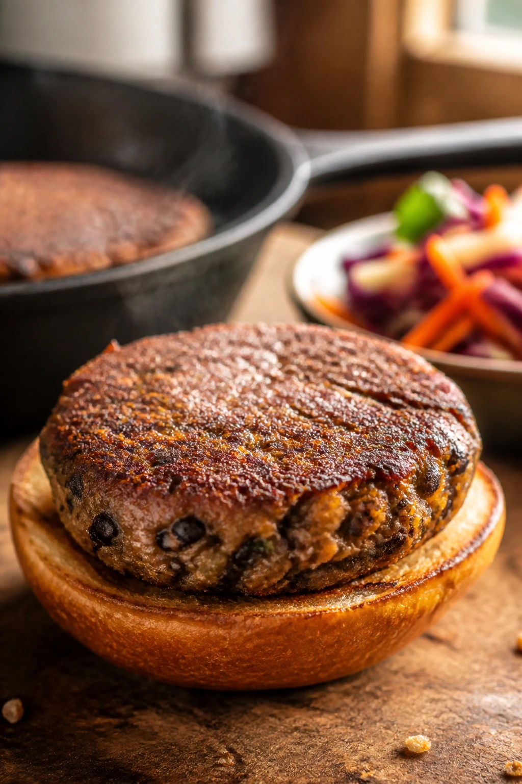 Close-up of bronzed veggie burger patty on a toasted bun in a warm kitchen
