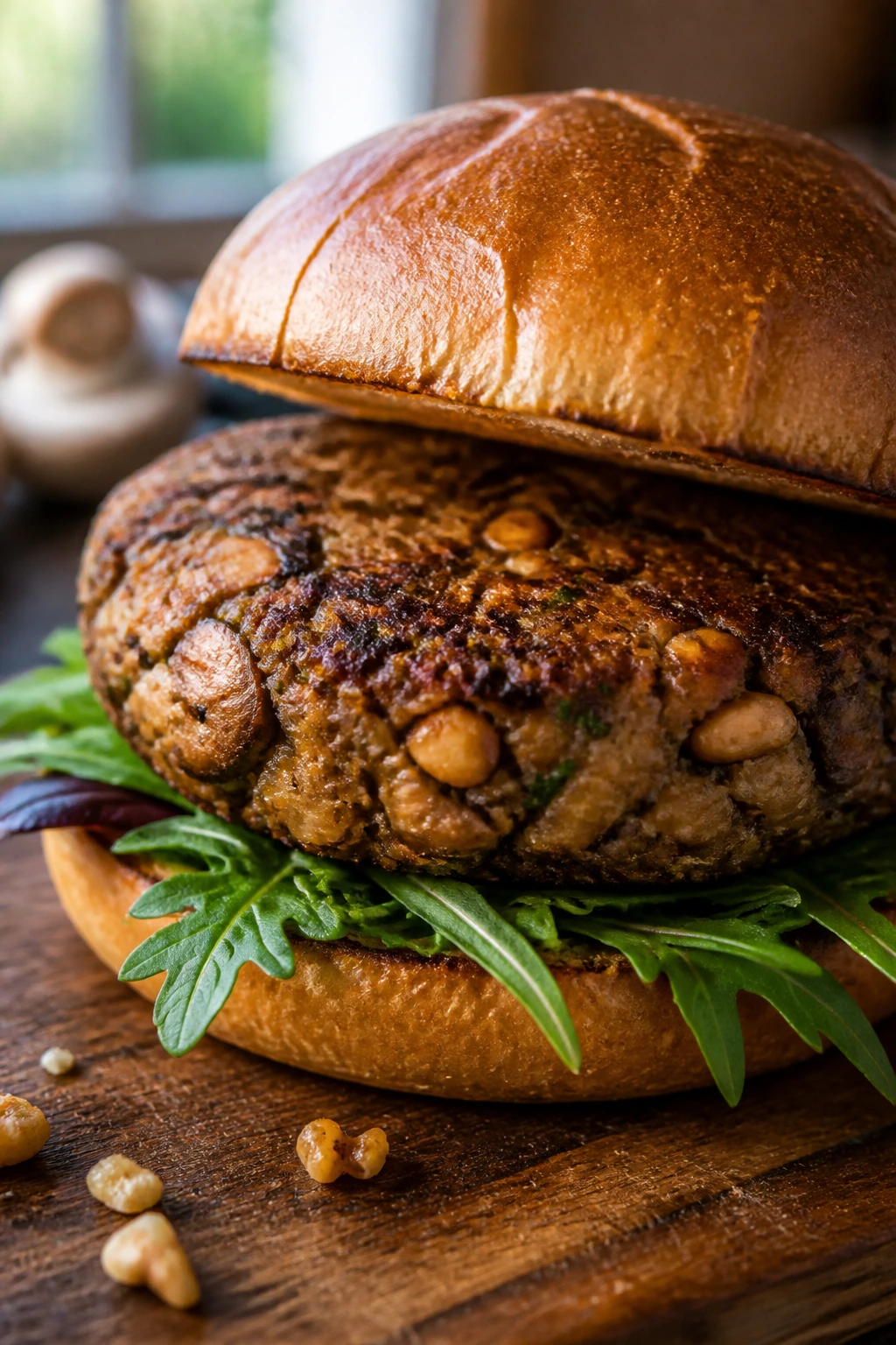 Close-up of bronzed veggie burger patty on bun, ready for dinner