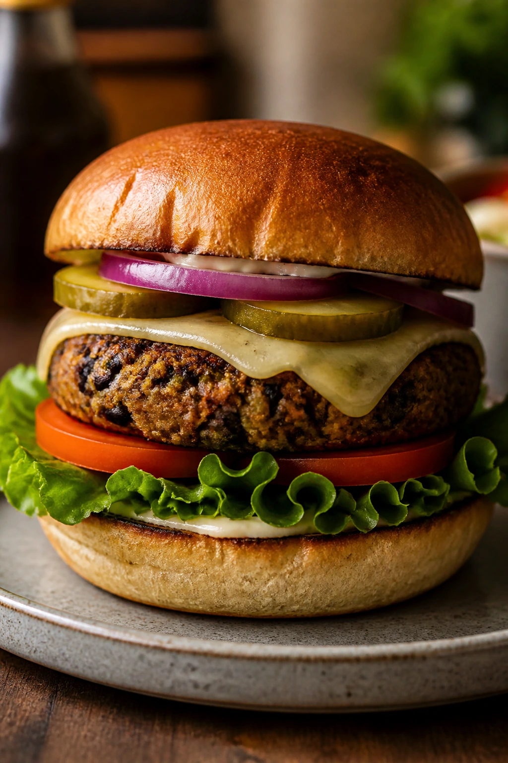 Close-up of a stacked veggie burger on a toasted bun ready to serve at dinner.