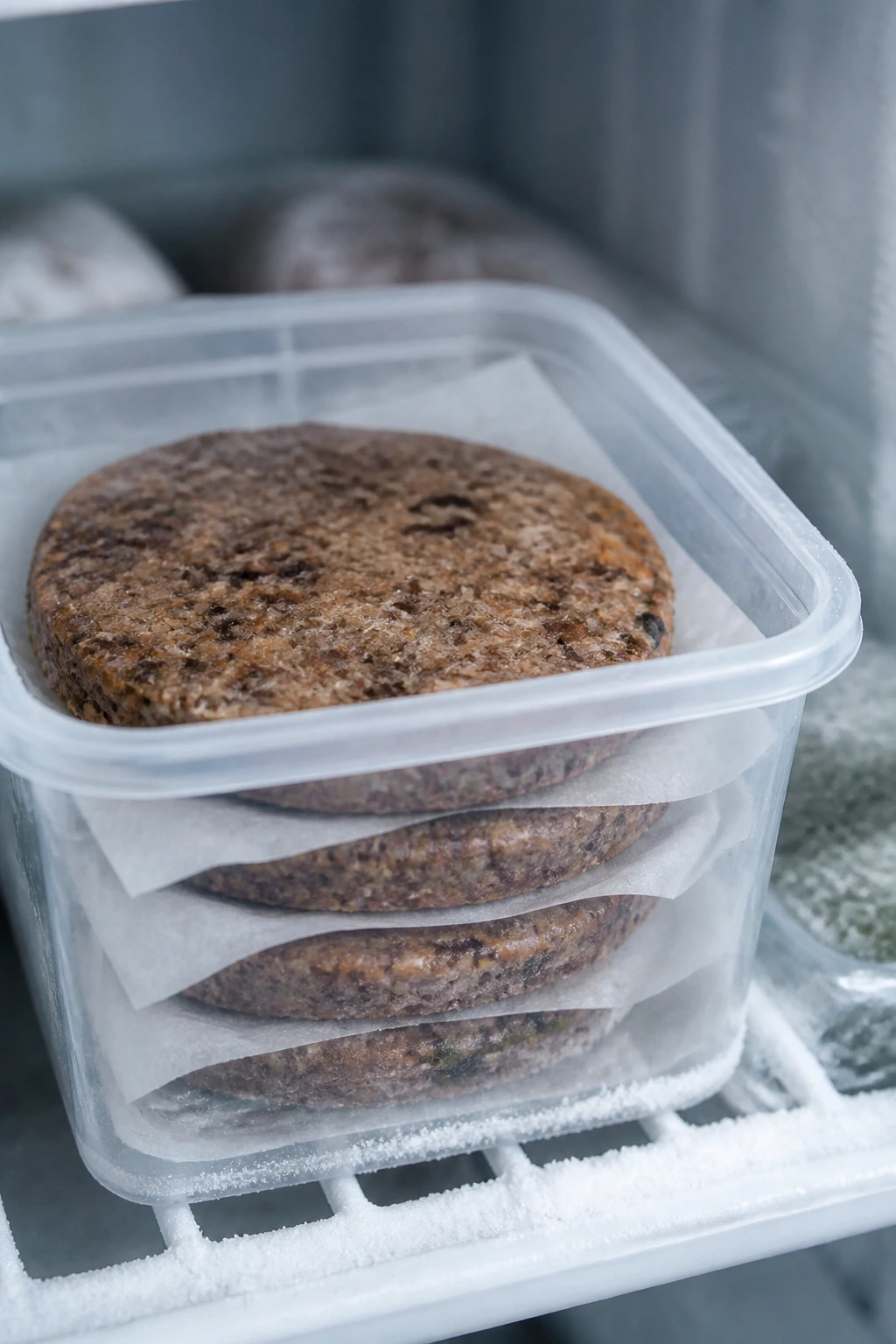 Patty between parchment sheets in a freezer container on a frosty shelf.