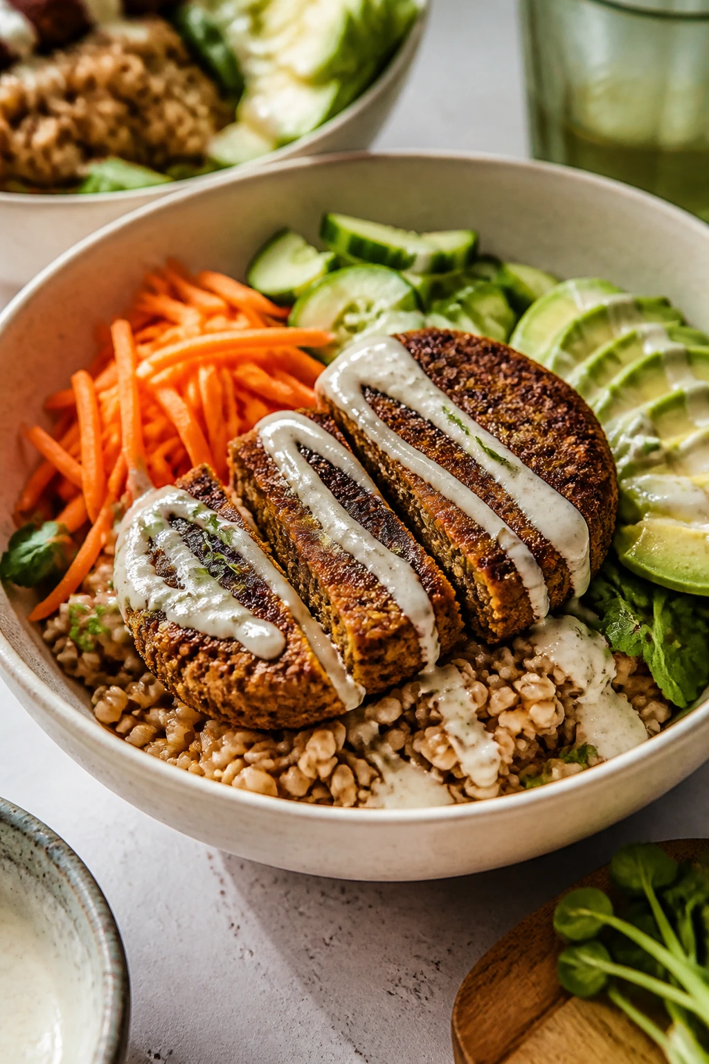 Veggie burger grain bowl with grains and vegetables