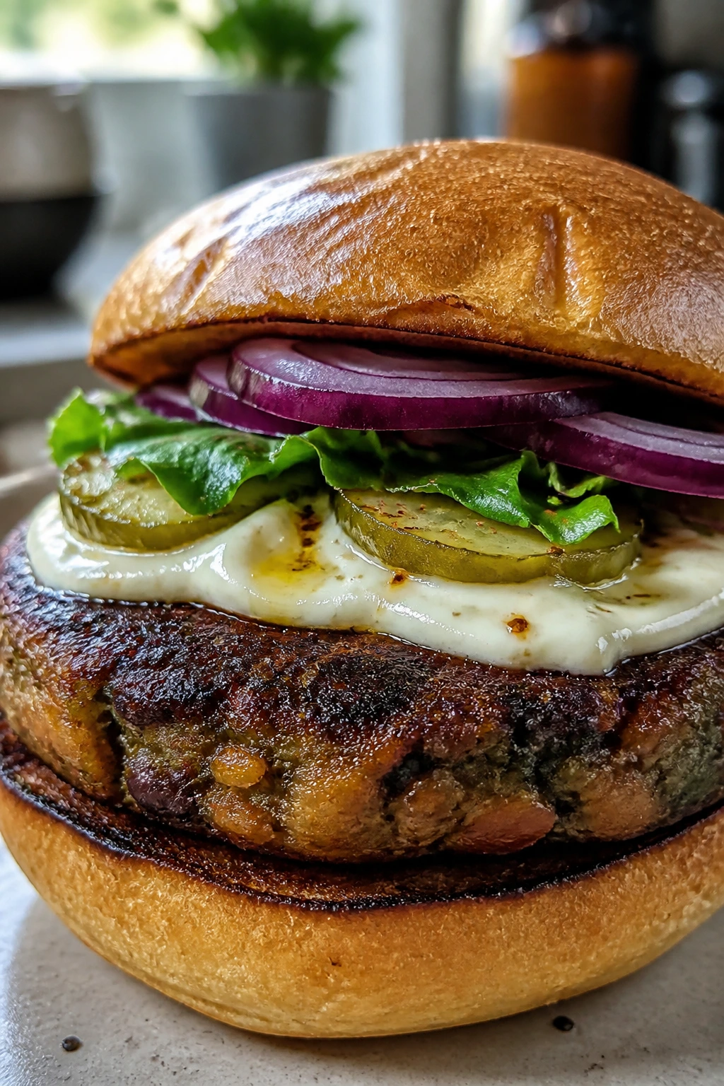 Close-up of a veggie burger with pickle-brine mayo drizzle on a kitchen counter.