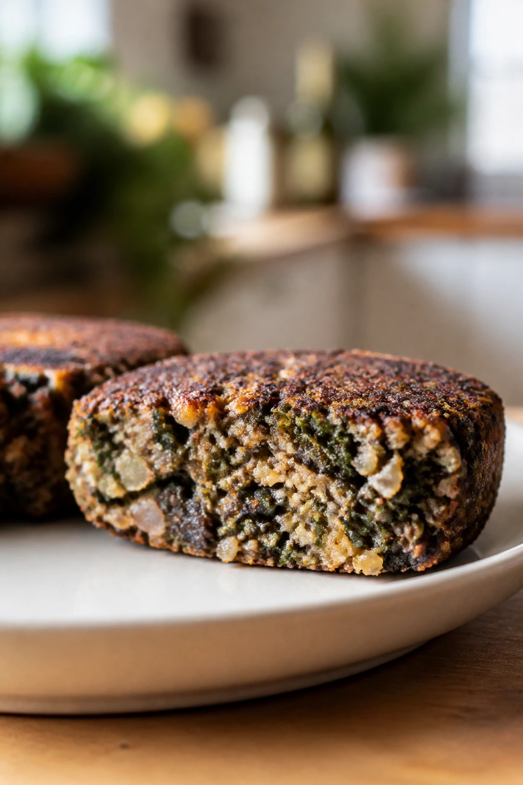 Cross-section of a veggie burger showing quinoa and greens inside.