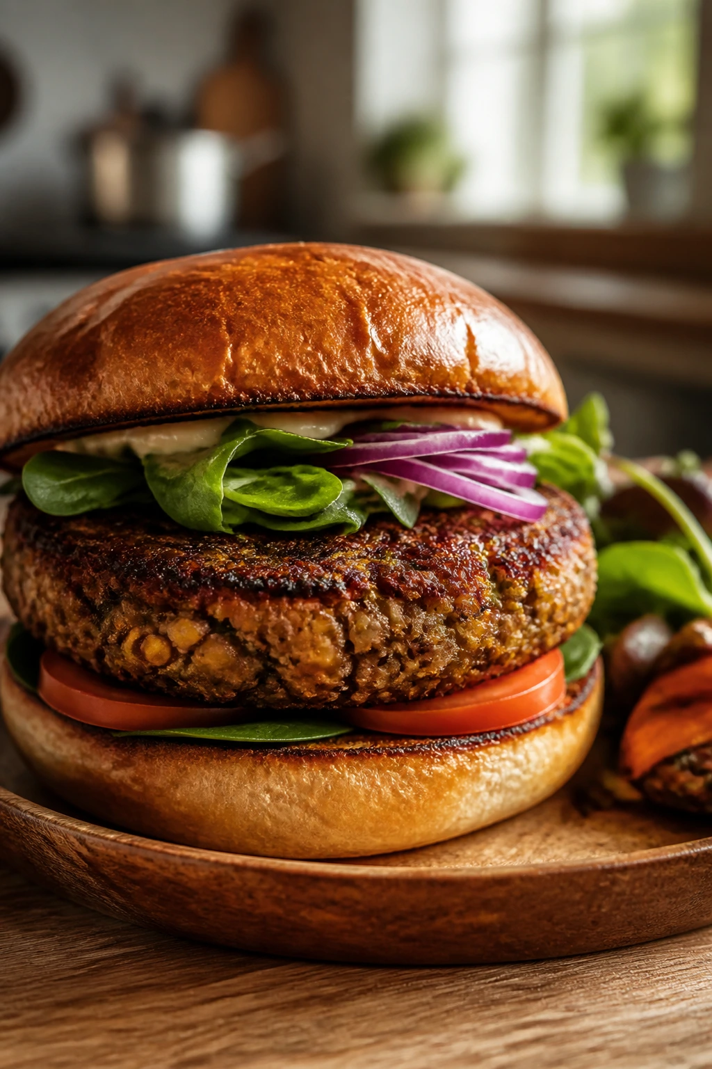 Close-up of tender veggie burger on bun in warm kitchen