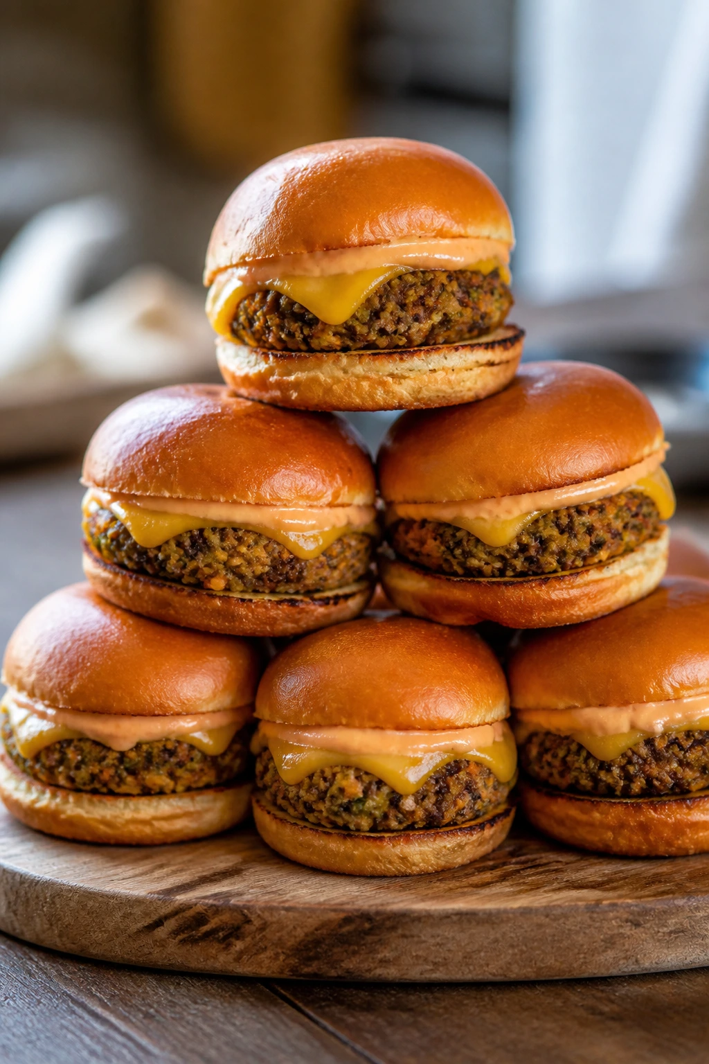 Stack of veggie burger sliders on toasted buns