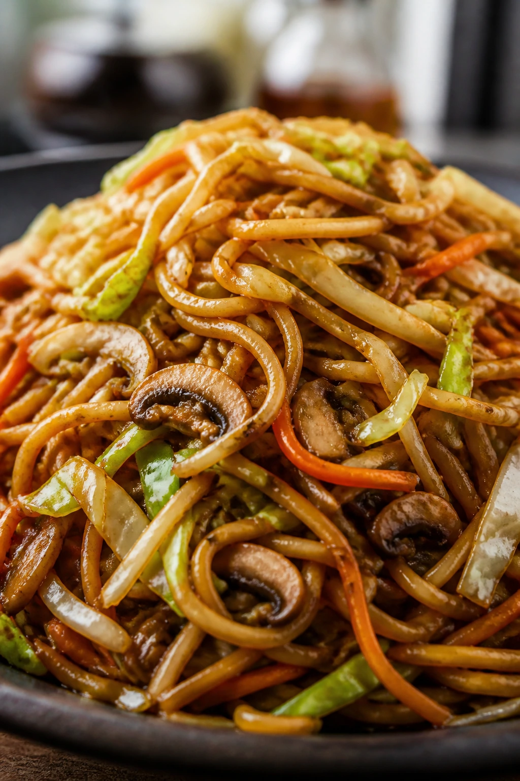 Close-up of veggie chow mein noodles with cabbage, carrot, and mushrooms