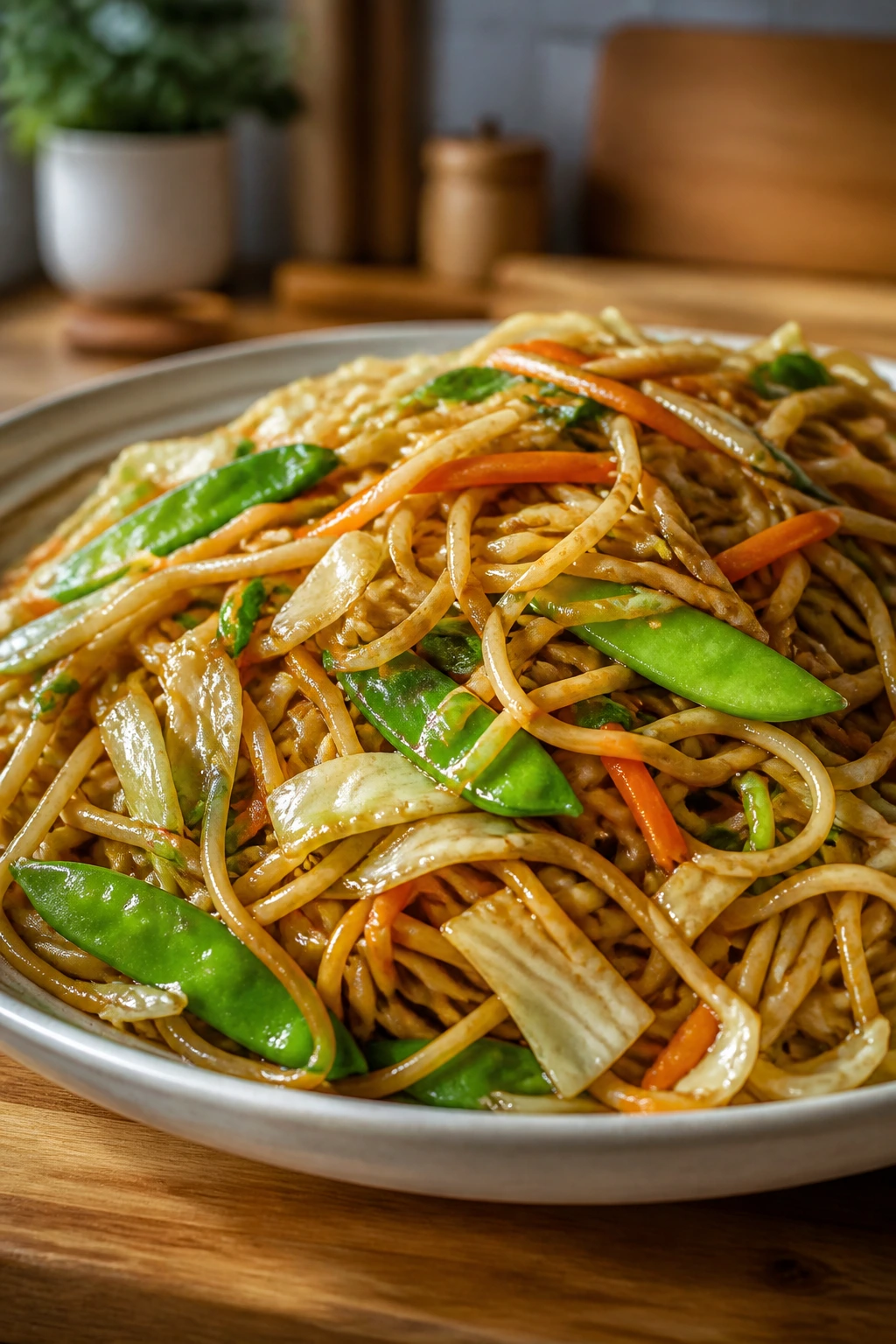 Close-up plate of veggie chow mein with noodles and crisp vegetables in glossy sauce