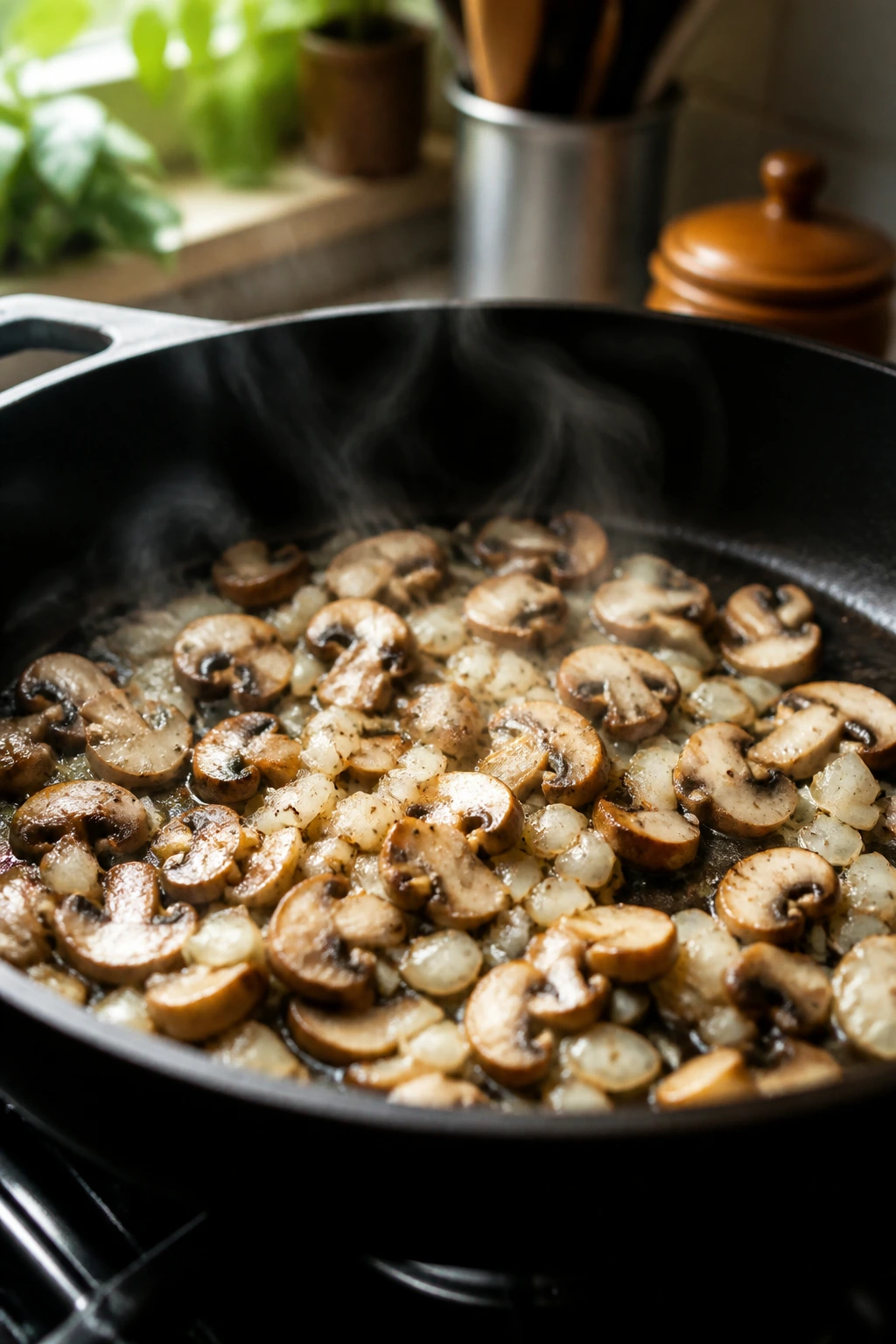 Close-up of a skillet with onions and mushrooms cooking in olive oil