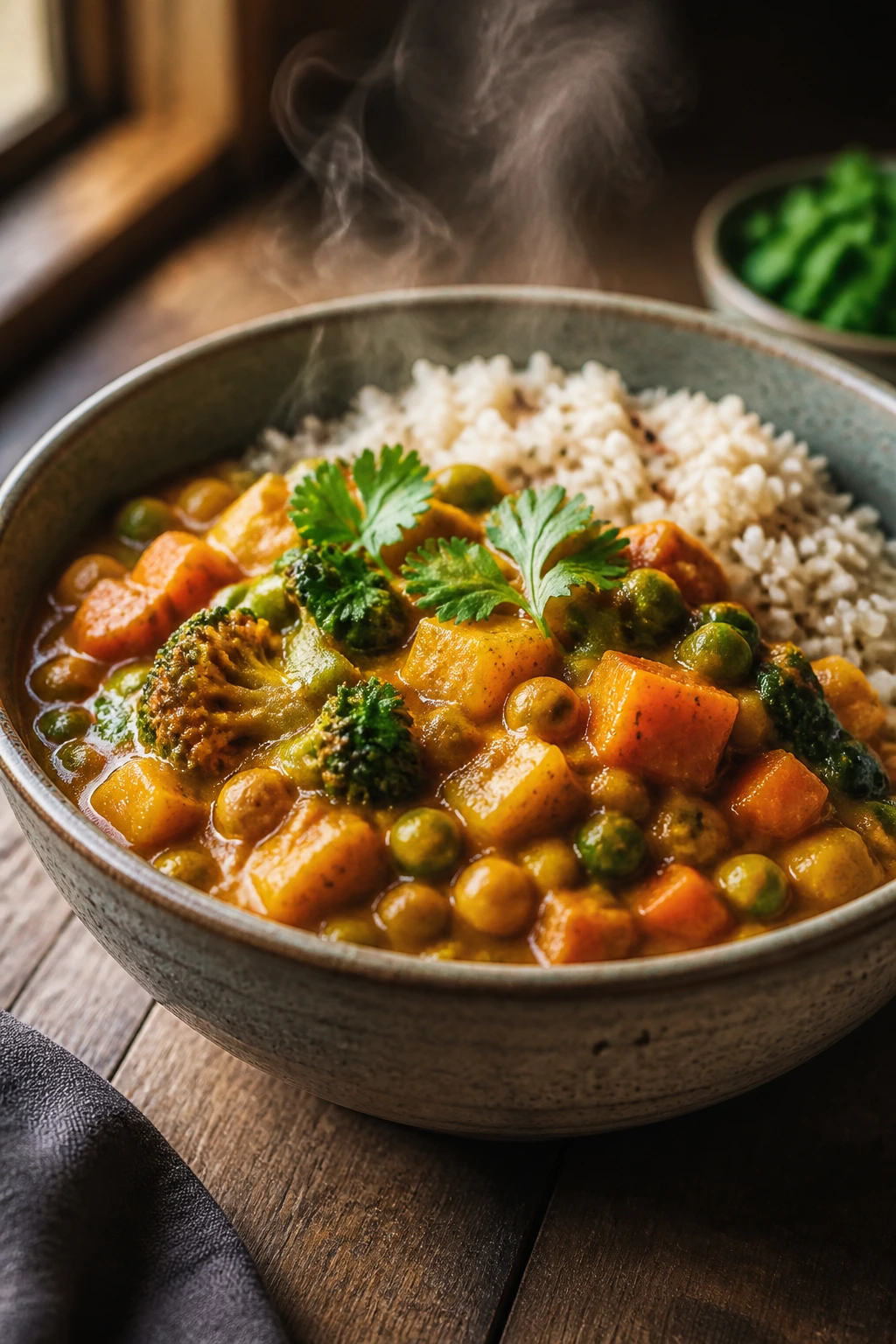Close-up of veggie curry in a bowl on a wooden table