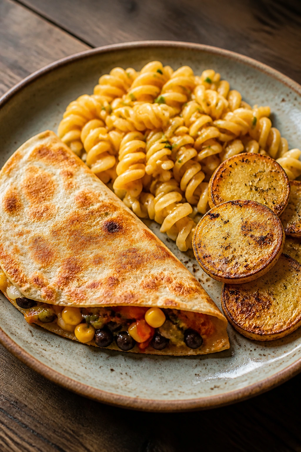 Close-up plate of kid-friendly veggie dinner with quesadilla wedge, pasta shapes, and potatoes
