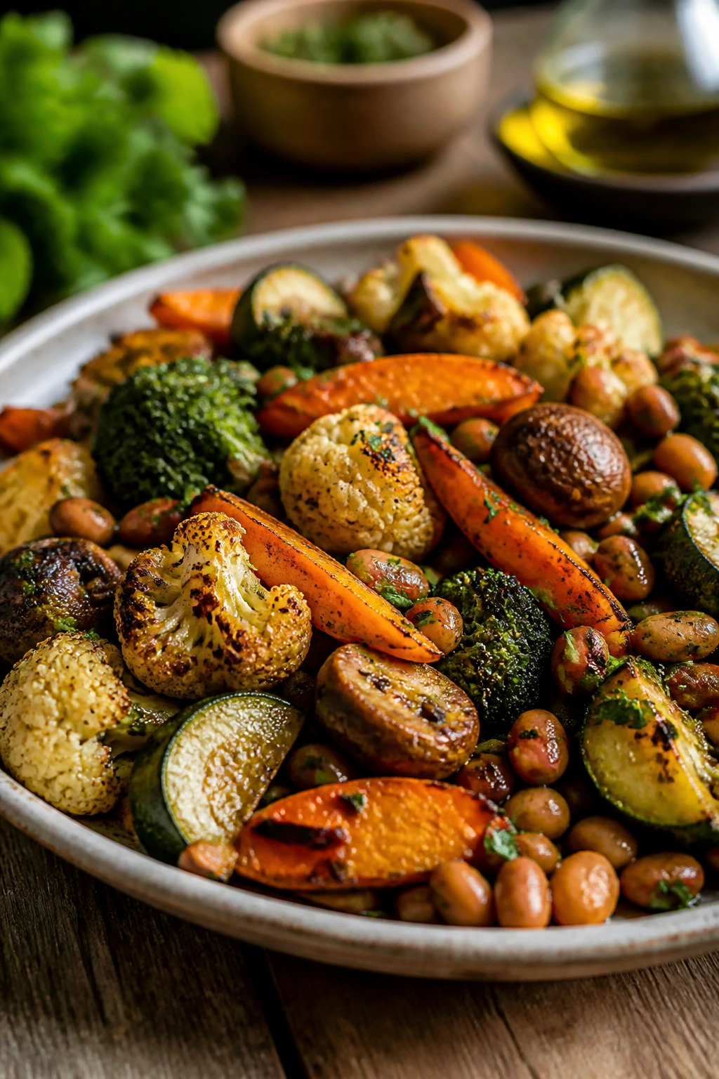 Close-up of colorful roasted vegetables on a plate as the veggie-packed dinner centerpiece.