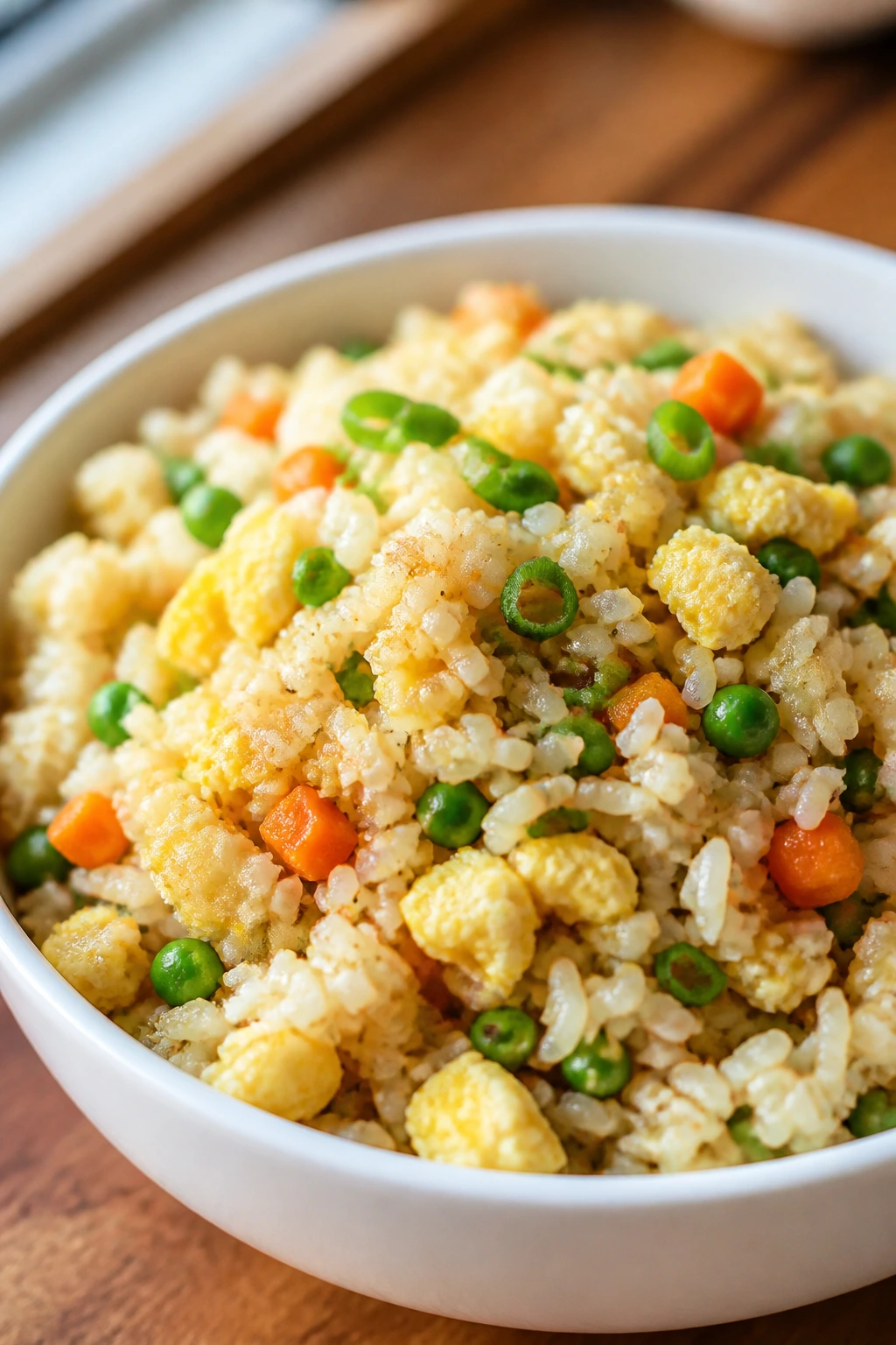 Close-up of veggie egg fried rice with peas, carrots, eggs, and green onions in a white bowl.