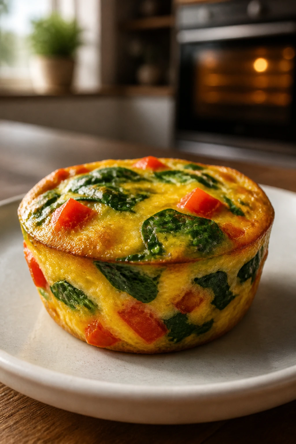 Close-up of a veggie egg muffin with spinach and red pepper on a plate.