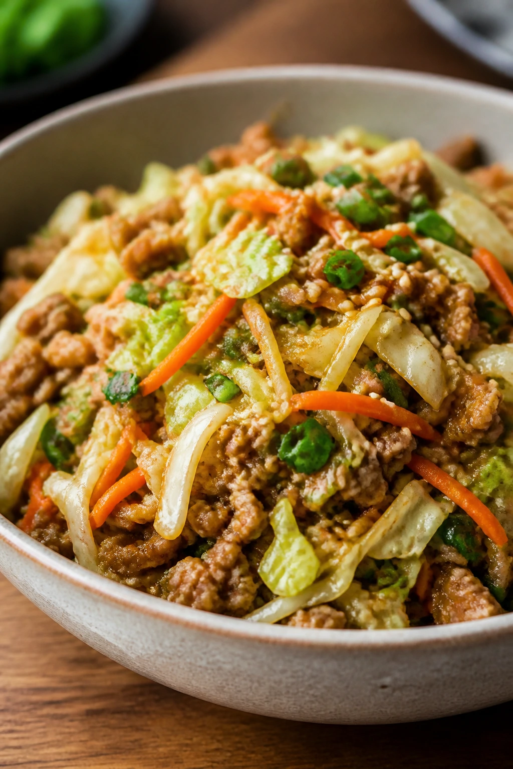 Colorful veggie egg roll bowl with cabbage and carrots