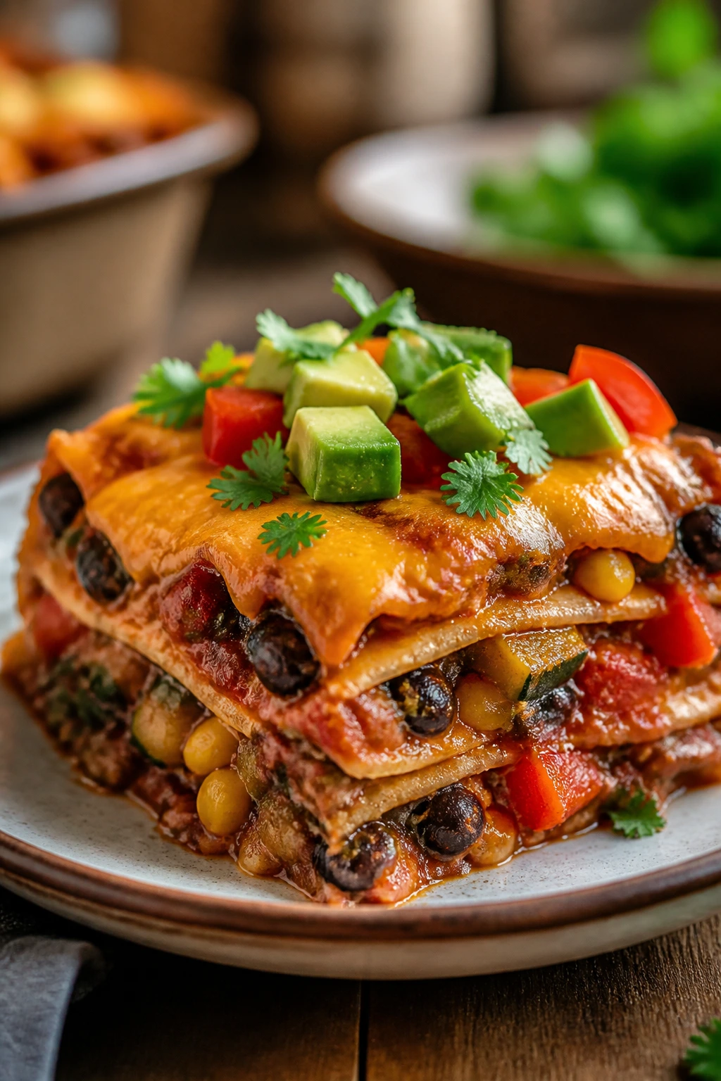 Close-up slice of veggie enchilada casserole