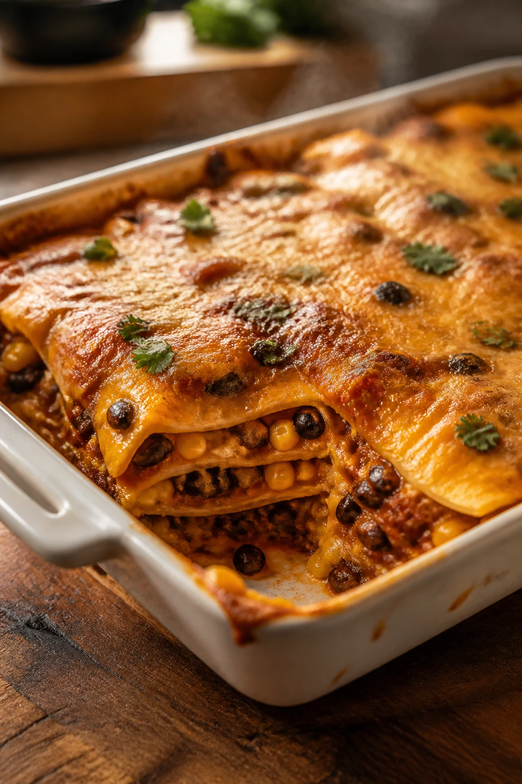 Layered veggie enchilada casserole in a baking dish