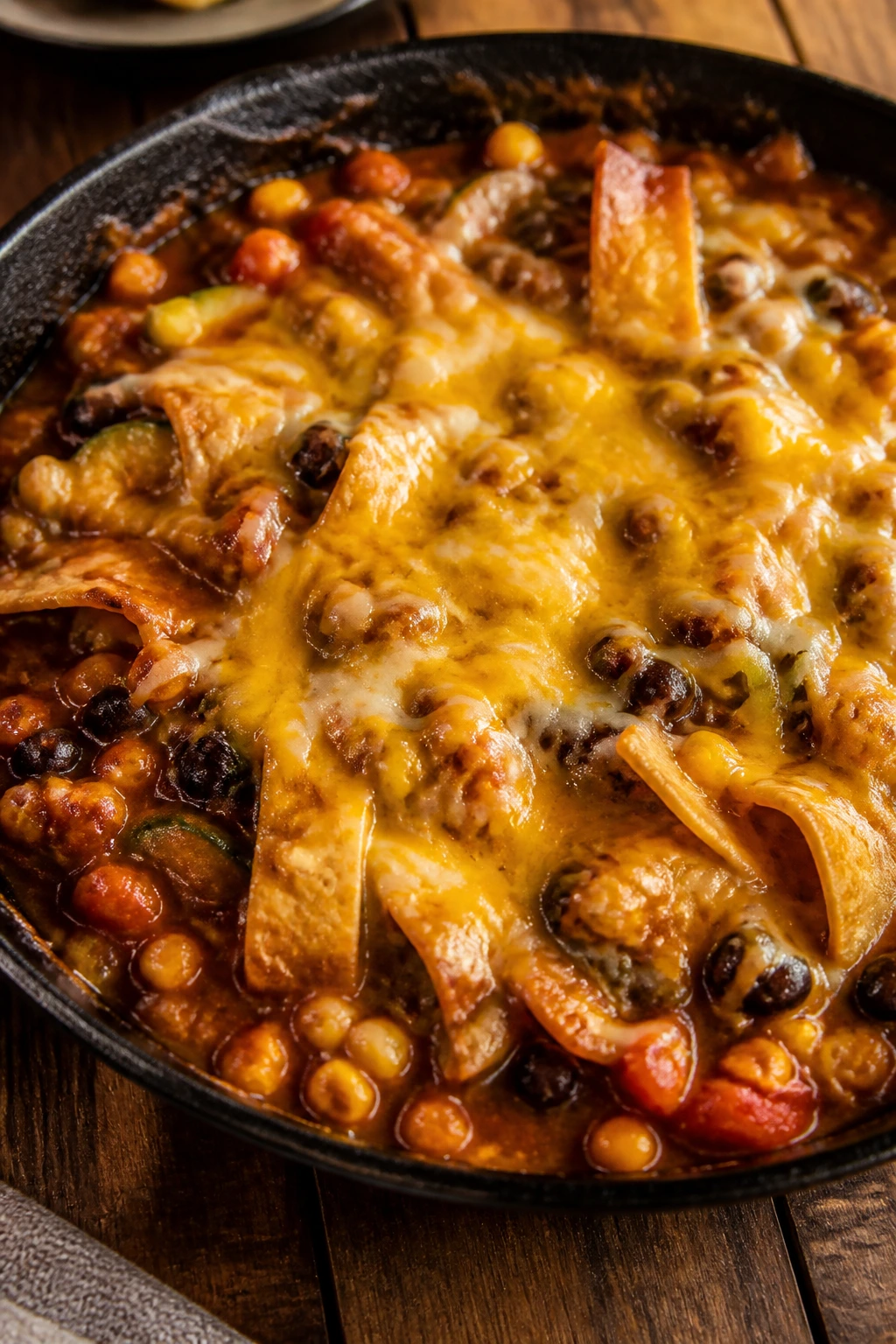 Veggie enchilada skillet with bubbling cheese and sauce