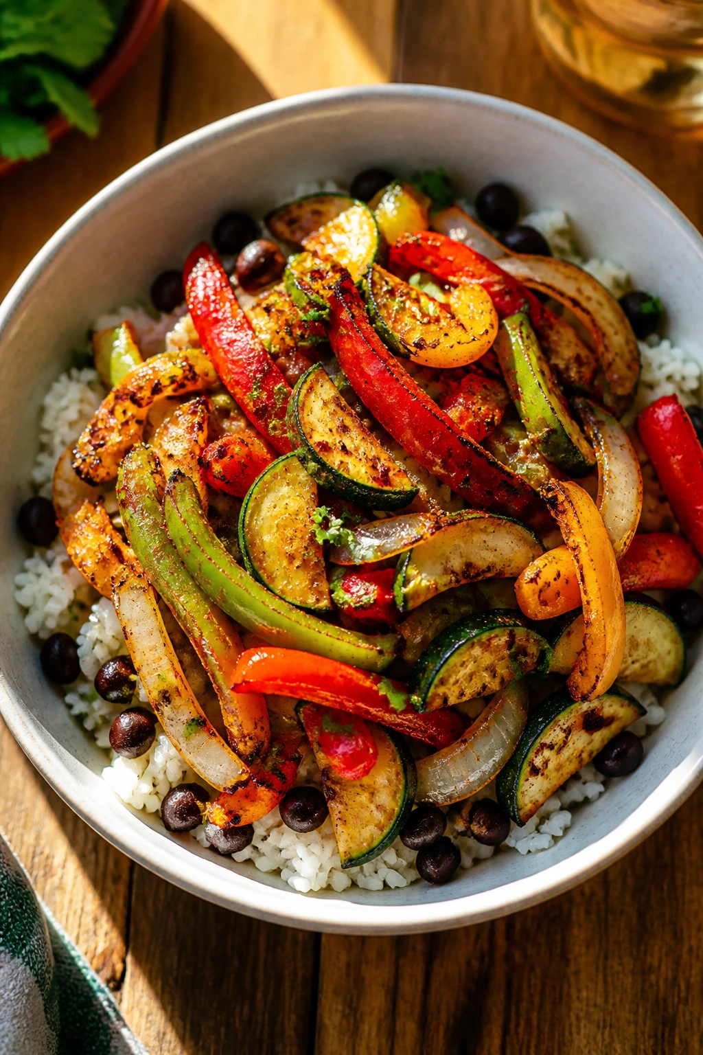 Colorful veggie fajita rice bowl with peppers onions and beans