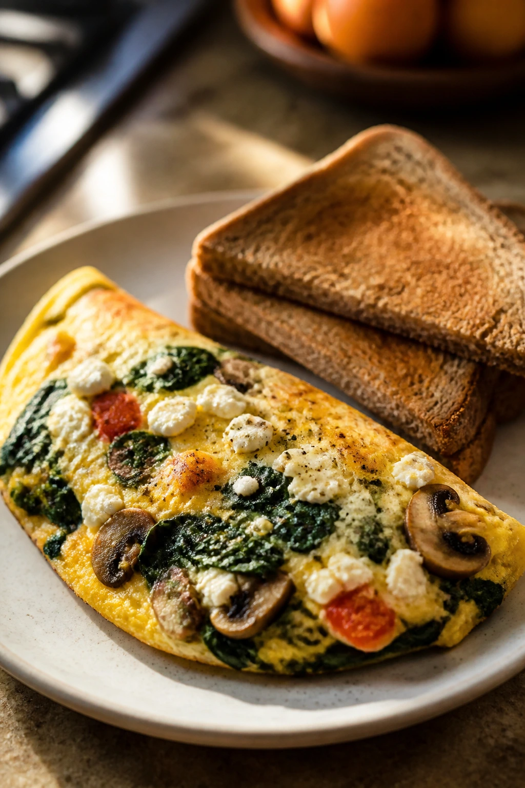 Close-up of a veggie feta omelet with toast on a plate