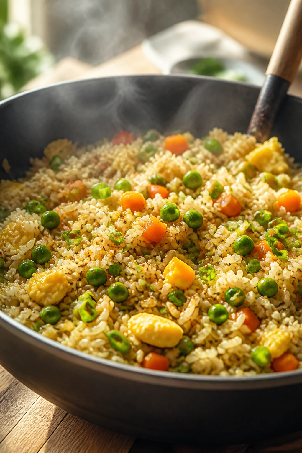 Close-up of veggie fried rice with vegetables steaming in a pan