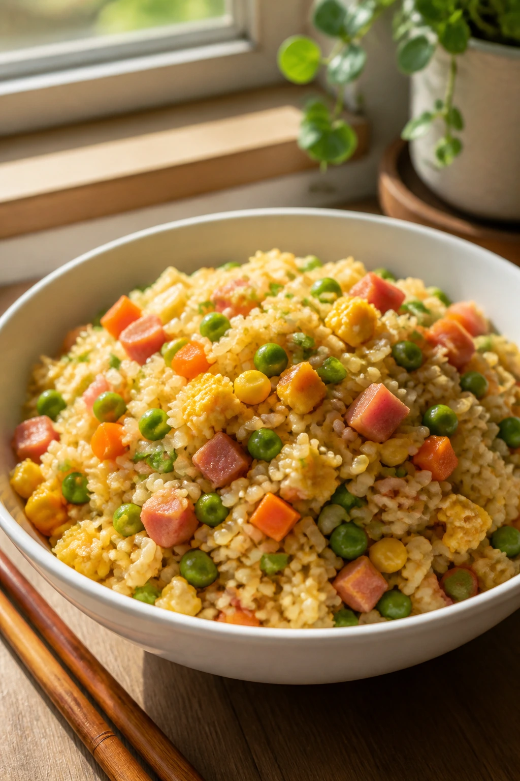 Bowl of veggie fried rice with eggs and colorful vegetables in a sunlit kitchen