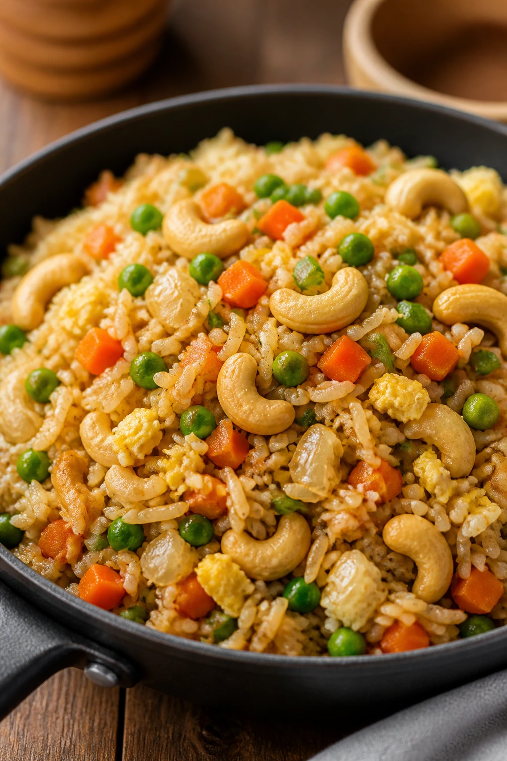 Skillet of veggie fried rice with peas and cashews